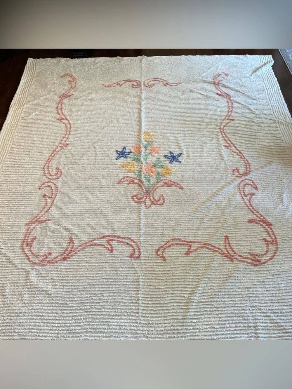 Cream Chenille Bedspread with Pastel Floral Motif